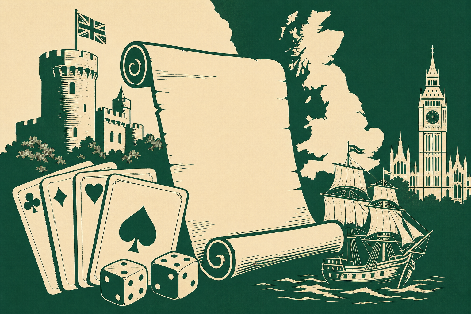 Illustration of historic cards, dice and a scroll motif
